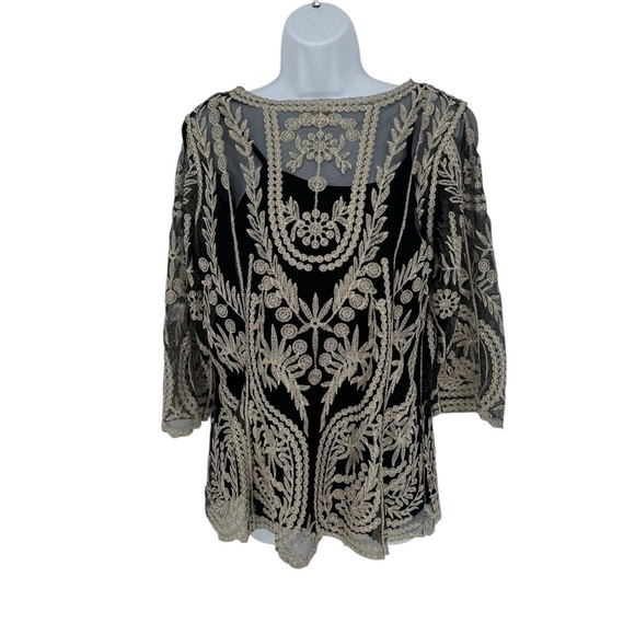 Ultra Pink Black and Cream Gold Sheer Embroidered 3/4 Sleeve Tank Blouse Large - Picture 2 of 11